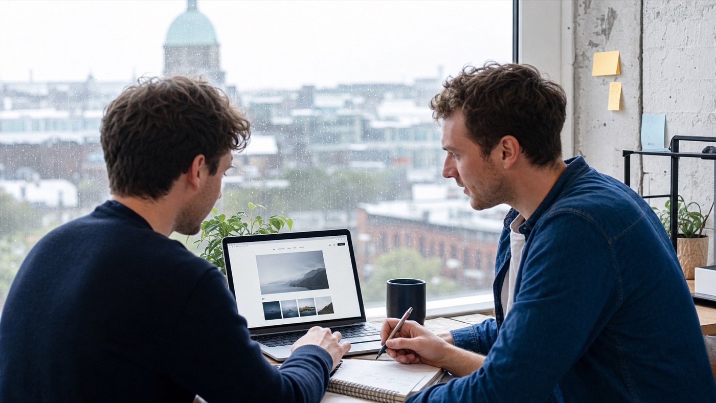 Founders working on their first website in a Dublin workspace