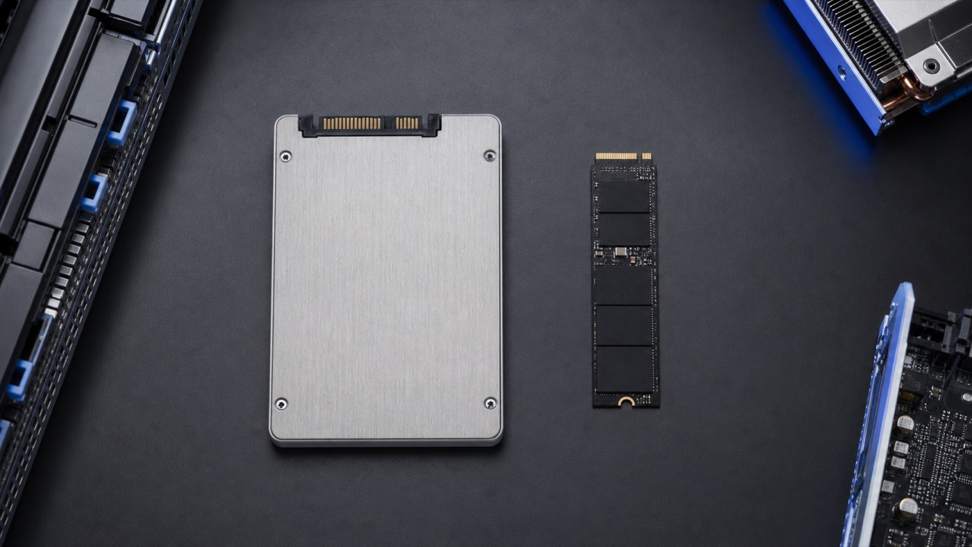 Traditional SSD and NVMe drive compared on a technical workbench